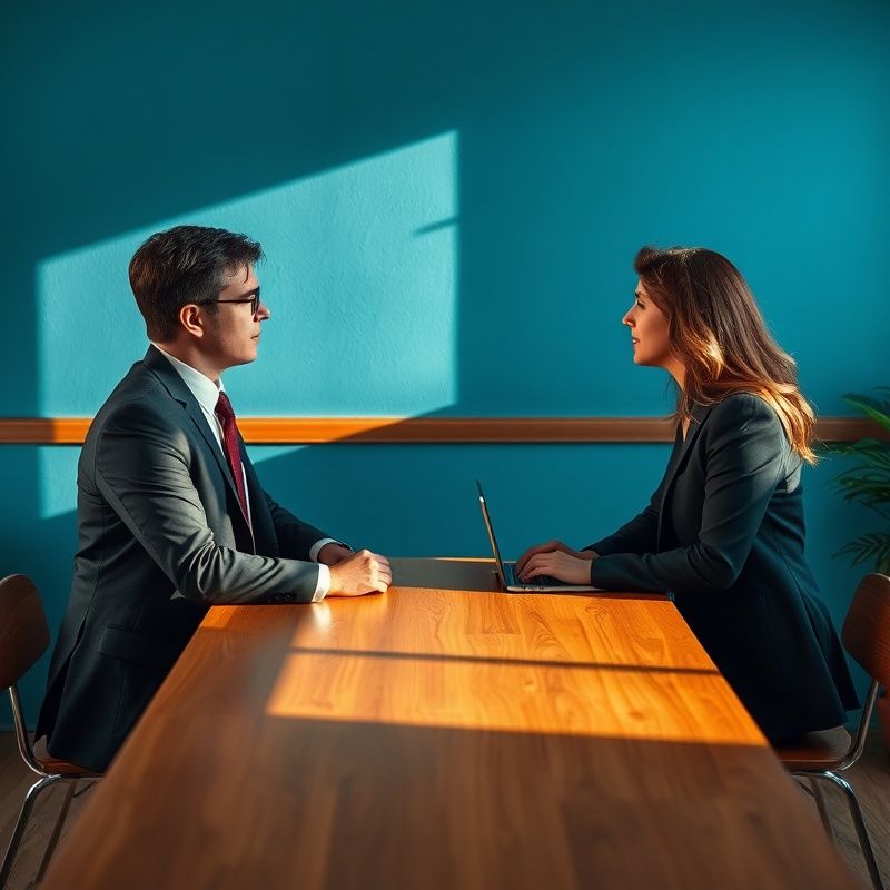 Doi profesioniști într-o conversație discretă la o masă din lemn, cu perete azure în fundal