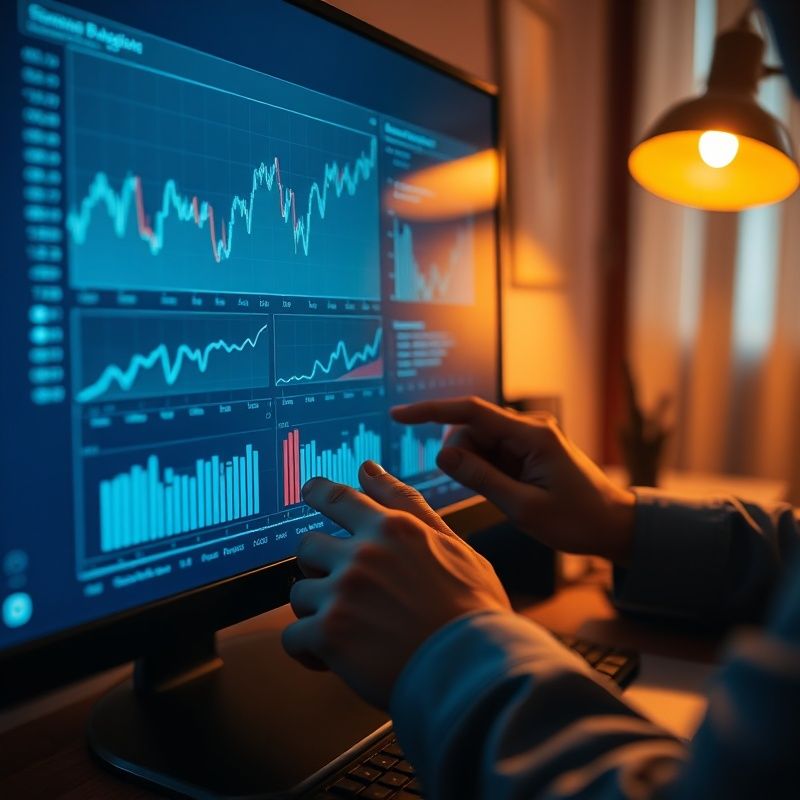 Analist financiar revizuiește grafice de risc pe un ecran mat, în lumină caldă de birou