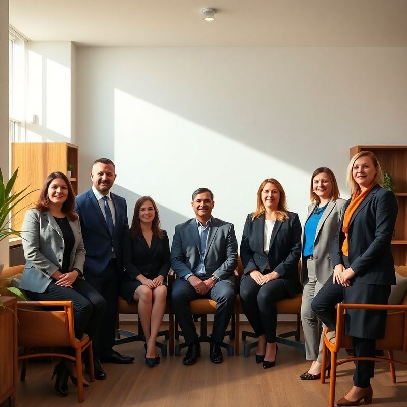 Portretul echipei AdvisoryIQ într-un birou luminos din Oradea, cu accente azure și mobilier din lemn